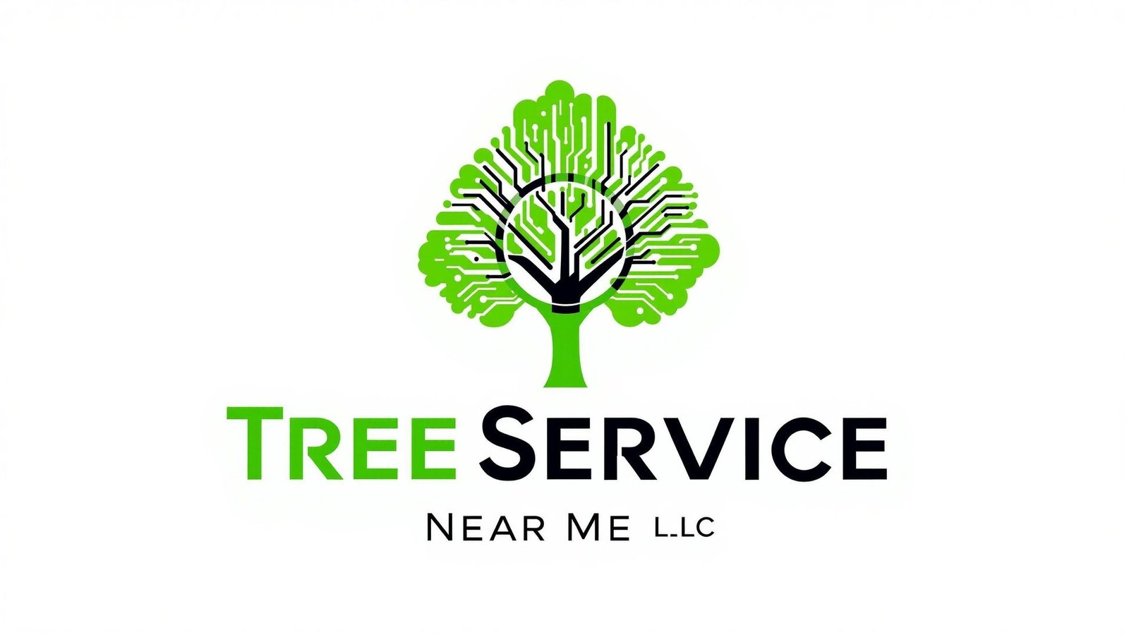 Tree Service Near Me logo featuring a stylized tree with circuit patterns, representing tree trimming services.